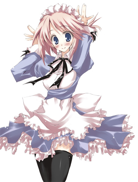 ogiwara sou, komaki manaka, to heart (series), to heart 2, 00s, 1girl, apron, arms up, black ribbon, black thighhighs, blonde hair, blue dress, cowboy shot, dress, female focus, green eyes, long sleeves, looking at viewer, maid, maid apron, ribbon, short hair, simple background, solo, standing, thighhighs, waist apron, white background, zettai ryouiki