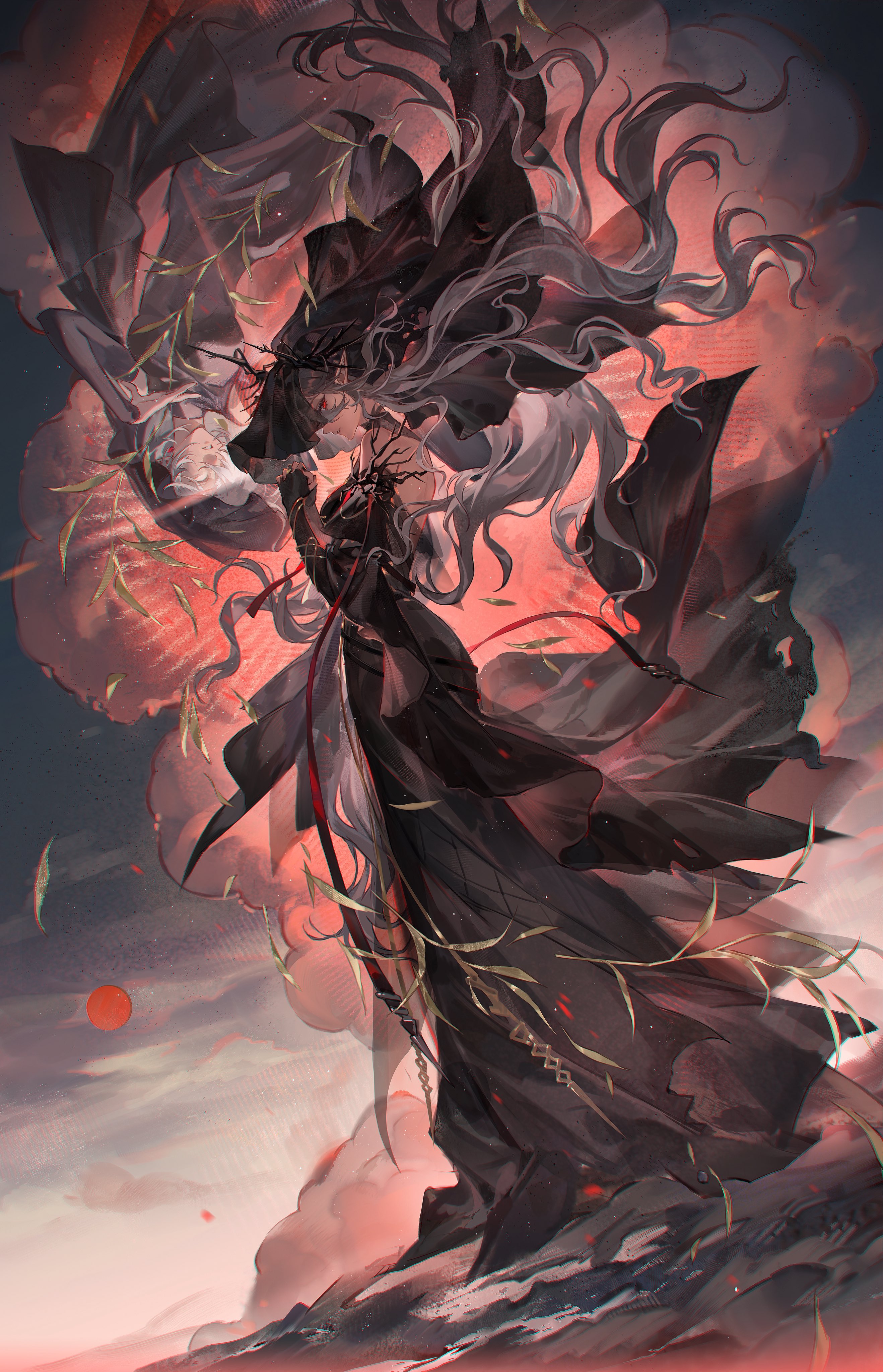 smusmuye, laqeramaline (arknights), arknights, absurdres, highres, 1girl, black veil, dress, floating hair, hair floating upwards, long dress, long hair, looking at viewer, outdoors, pointy ears, purple hair, red eyes, sleeveless, sleeveless dress, solo, veil, very long hair