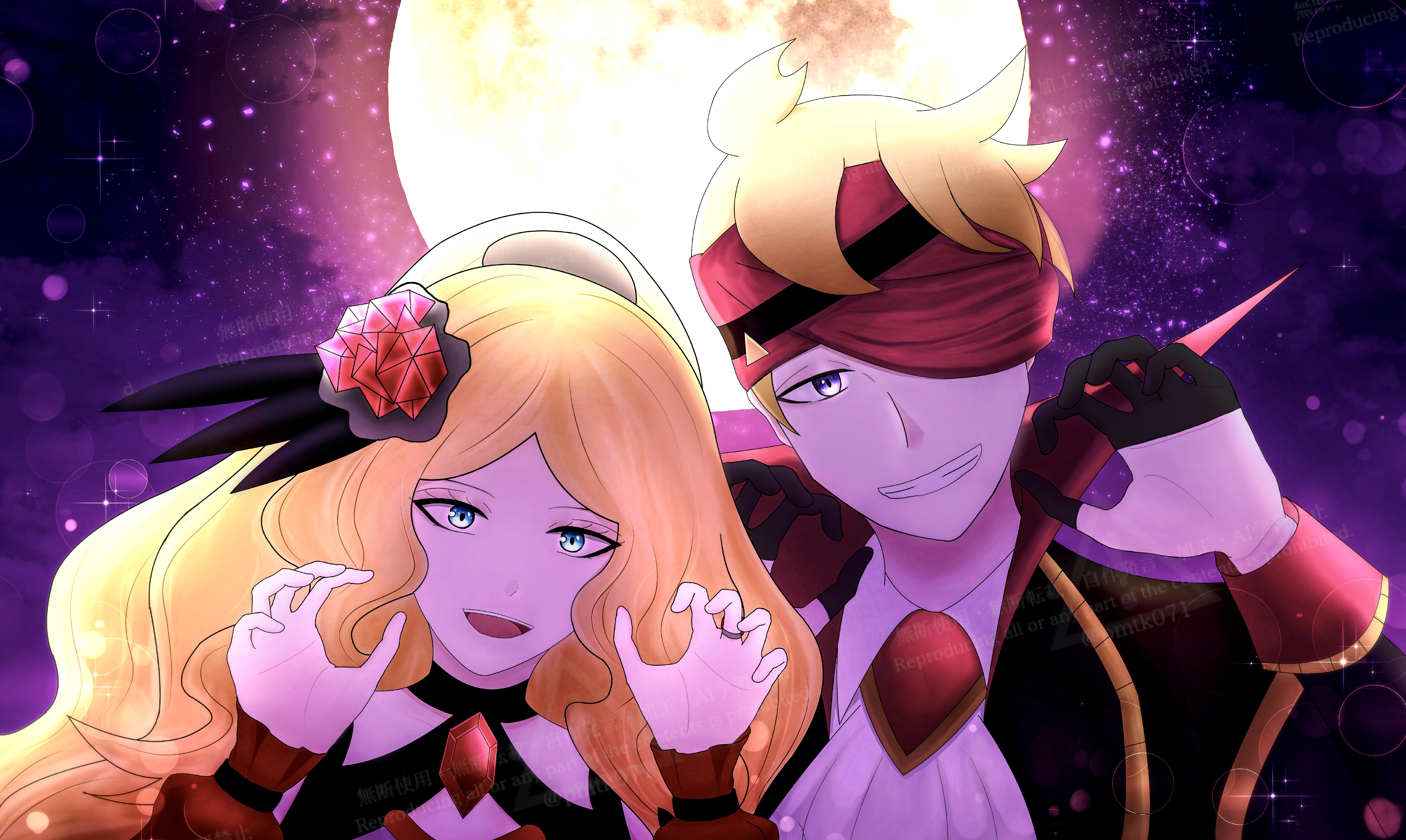 gayp4453 (pmtk071), caitlin (fall 2021) (pokemon), caitlin (pokemon), morty (fall 2021) (pokemon), morty (pokemon), nintendo, pokemon, pokemon masters ex, absurdres, highres, 1boy, 1girl, ascot, blonde hair, blue eyes, ghost pose, looking at viewer, moon, official alternate costume, star (sky), upper body, white ascot