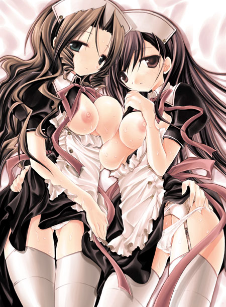 miyasu risa, aerith gainsborough, tifa lockhart, final fantasy, final fantasy vii, 1990s (style), 2girls, apron, bed, black hair, breast press, breasts, brown hair, clothes lift, drill hair, garter belt, green eyes, hug, large breasts, lingerie, long hair, lowleg, lowleg panties, lying, maid, maid apron, multiple girls, nipples, on back, on side, open clothes, open shirt, panties, red eyes, retro artstyle, shirt, skirt, skirt lift, sweat, symmetrical docking, thigh gap, thighhighs, thighs, underwear, very long hair, wavy hair, white panties, white thighhighs, yuri