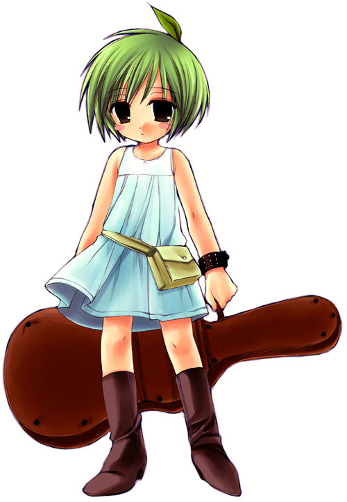 miyasu risa, 1girl, ahoge, bag, black eyes, blush, boots, bracelet, brown eyes, dress, female focus, flat chest, green hair, guitar, guitar case, instrument, instrument case, jewelry, short hair, solo