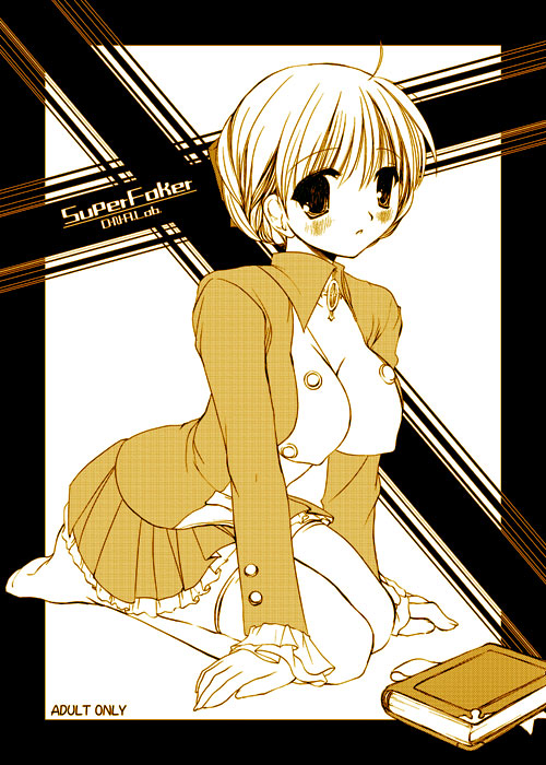 miyasu risa, 1girl, blush, book, breasts, closed mouth, expressionless, female focus, full body, limited palette, long sleeves, looking at viewer, monochrome, pleated skirt, short hair, skirt, solo, thighhighs, zettai ryouiki