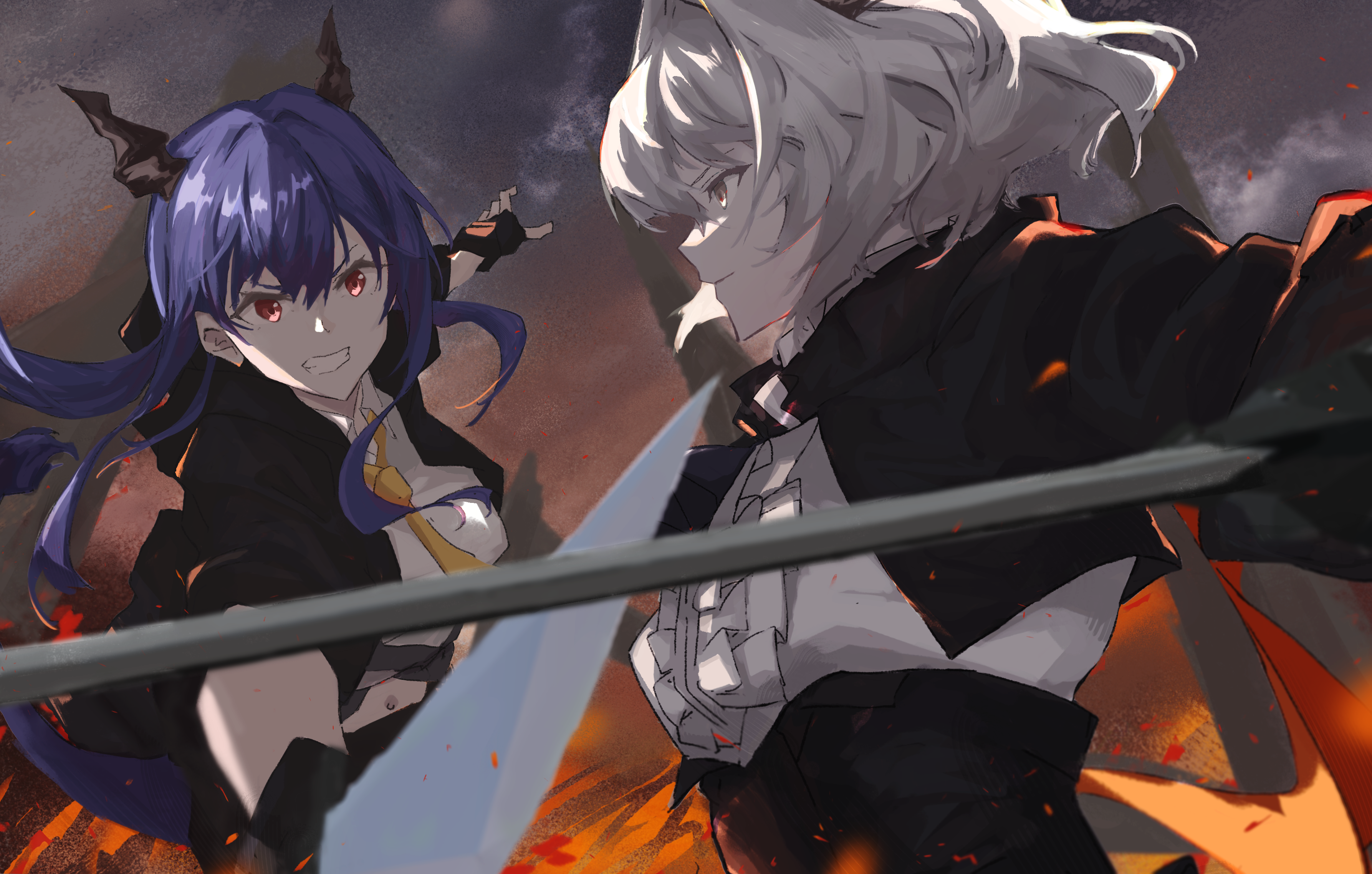 yee l, ch'en (arknights), talulah (arknights), arknights, absurdres, commentary, english commentary, highres, 2girls, black jacket, blue hair, clenched teeth, collared shirt, dragon girl, dragon horns, grey eyes, grey hair, hair between eyes, hair intakes, half-siblings, holding, holding sword, holding weapon, horns, jacket, long hair, looking at another, multiple girls, necktie, open mouth, red eyes, shirt, sword, teeth, upper body, weapon, white shirt, yellow necktie