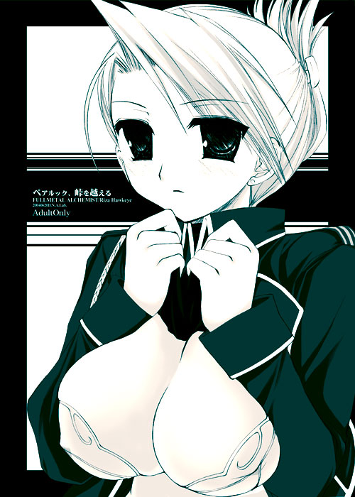 miyasu risa, riza hawkeye, fullmetal alchemist, 00s, 1girl, bra, breasts, cleavage, clothes lift, female focus, folded ponytail, large breasts, lingerie, military, military uniform, monochrome, muted color, shirt lift, solo, underwear