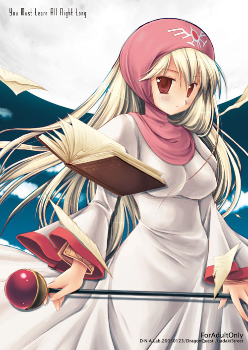 miyasu risa, princess of moonbrook, chunsoft, dragon quest, dragon quest ii, enix, 1980s (style), 1girl, beret, blonde hair, blush, book, breasts, cowboy shot, dress, female focus, floating, floating object, gem, hat, hood, large breasts, long sleeves, looking at viewer, oldschool, orb, red eyes, solo, standing, wand, white dress