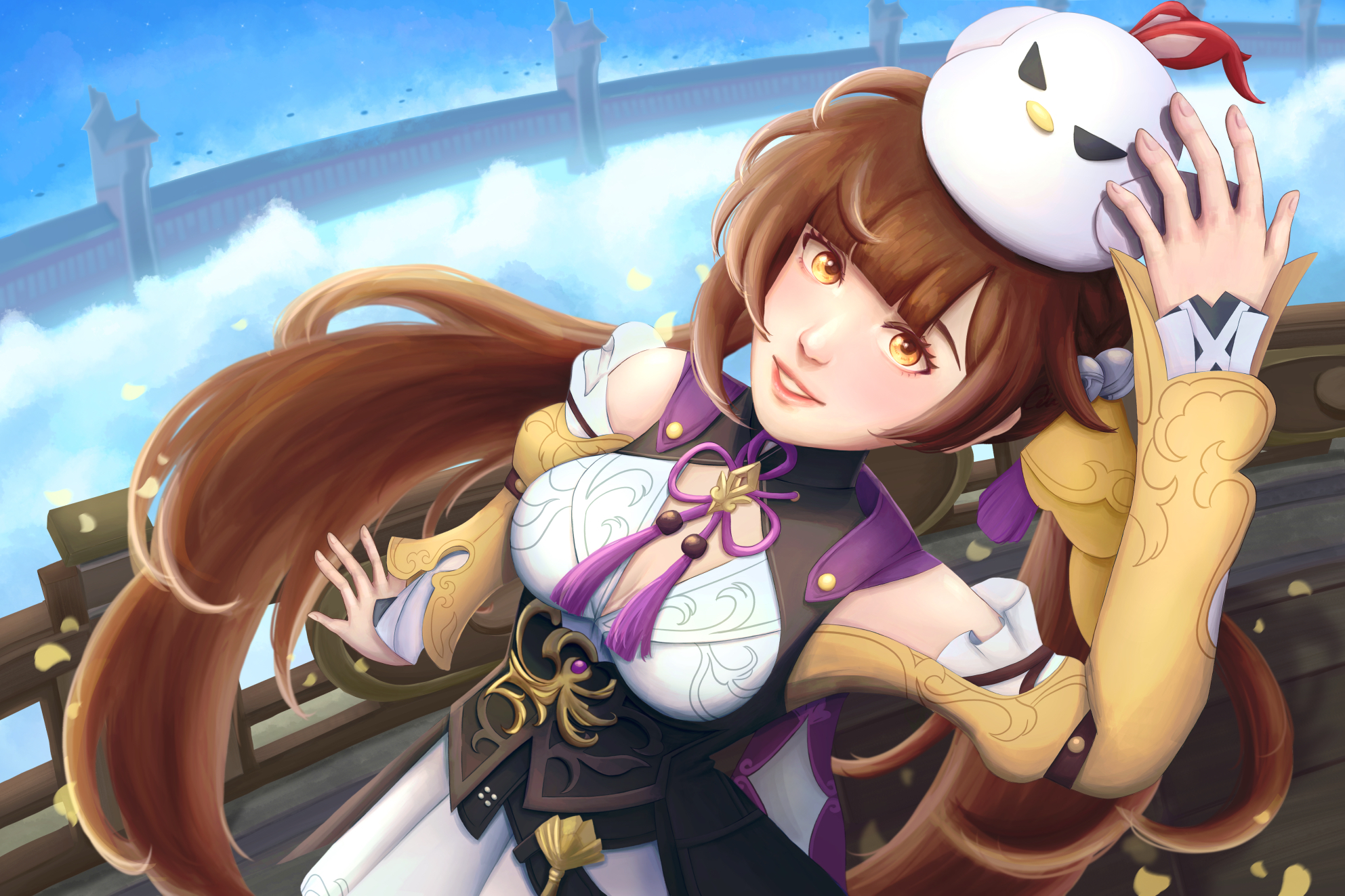 jingwei (bird), sushang (honkai: star rail), honkai: star rail, honkai (series), highres, 1girl, bare shoulders, bird, breasts, brown hair, celienneart, chicken, chinese clothes, cleavage, clothing cutout, dress, large breasts, long hair, long sleeves, looking at viewer, open mouth, shoulder cutout, smile, teeth, twintails, yellow eyes, yellow sleeves