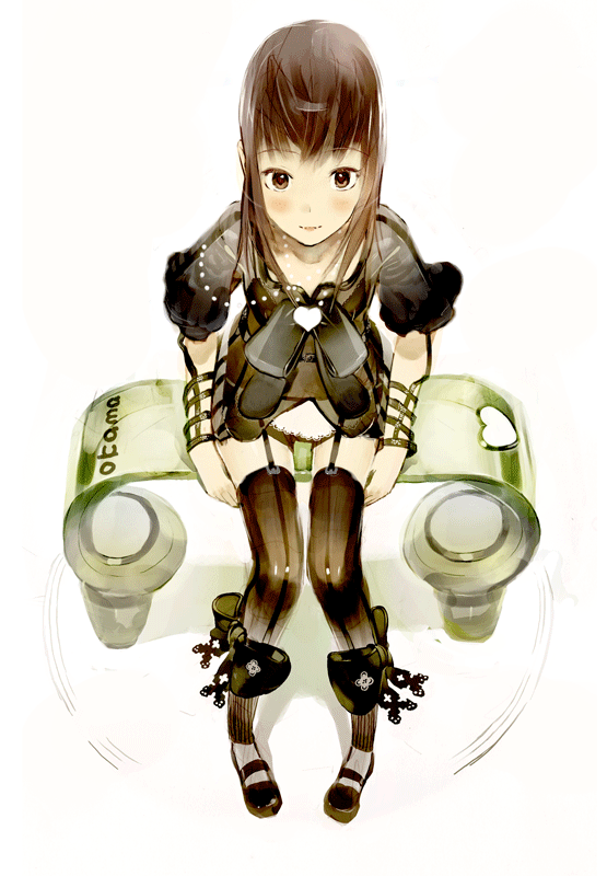 okama, original, 1girl, black shoes, black thighhighs, bow, female focus, garter belt, long hair, shoes, sitting, solo, thighhighs
