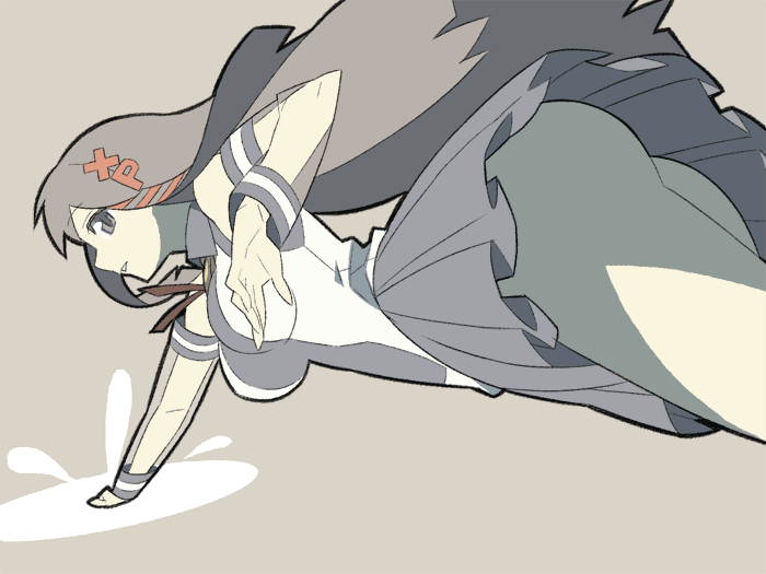 itsumo nokoru, xp-tan, futaba channel, os-tan, archived source, character request, copyright request, 1girl, anime coloring, black hair, black outline, blunt sidelocks, breasts, collared shirt, detached sleeves, foreshortening, grey background, grey eyes, grey hair, grey skirt, grey sleeve cuffs, grey theme, hair ornament, hairclip, horizontal-striped clothes, horizontal-striped sleeve cuffs, large breasts, letter hair ornament, long hair, long sidelocks, looking at viewer, miniskirt, outline, parted lips, pleated skirt, profile, see-through clothes, see-through sleeves, shirt, sidelocks, simple background, skirt, sleeve cuffs, sleeveless, sleeveless shirt, solo, straight hair, striped clothes, striped sleeve cuffs, teeth, thick outlines, two-tone sleeve cuffs, very long hair, white shirt, white sleeve cuffs