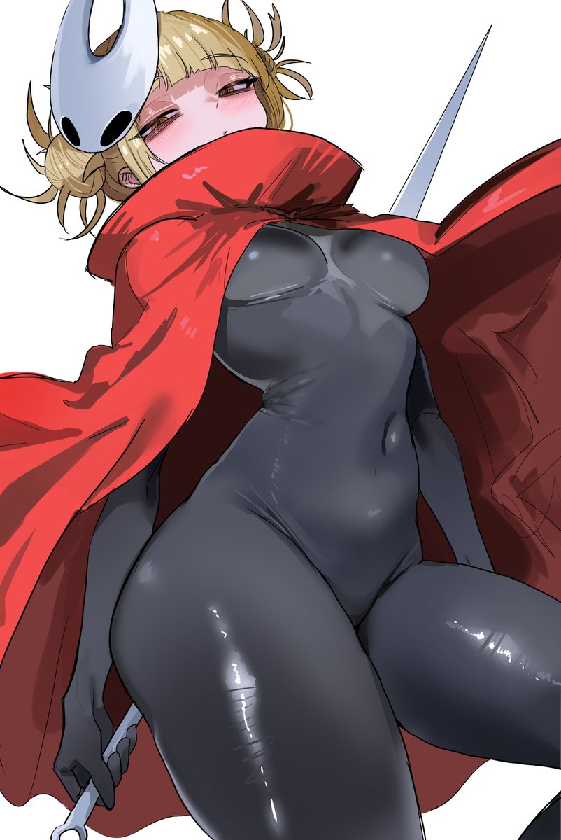 zd (pixiv6210083), hornet (hollow knight), toga himiko, boku no hero academia, hollow knight, highres, 1girl, bags under eyes, black bodysuit, blonde hair, bodysuit, breasts, cloak, cosplay, covered navel, double bun, hair bun, hornet (hollow knight) (cosplay), mask, mask on head, medium breasts, messy hair, needle (hollow knight), red cloak, simple background, solo, white background, white mask
