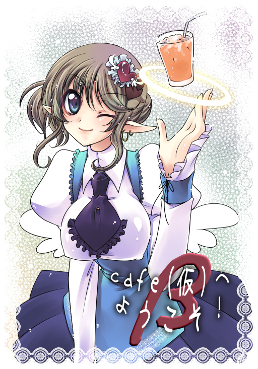 yukian, original, uniform, 1girl, apron, arm up, blue eyes, breasts, brown hair, cup, drink, earrings, female focus, glass, jewelry, large breasts, necktie, one eye closed, pointy ears, side ponytail, skirt, solo, text focus, waitress, wings