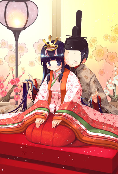 hanpen, original, 1boy, 1girl, adjusting hair, black hair, blue eyes, blush, closed eyes, couple, flower, hair ornament, hat, heian, hetero, japanese clothes, karaginu mo, kimono, kneeling, lantern, layered clothes, layered kimono, long hair, short hair, sitting, sitting on lap, sitting on person, smile, very long hair