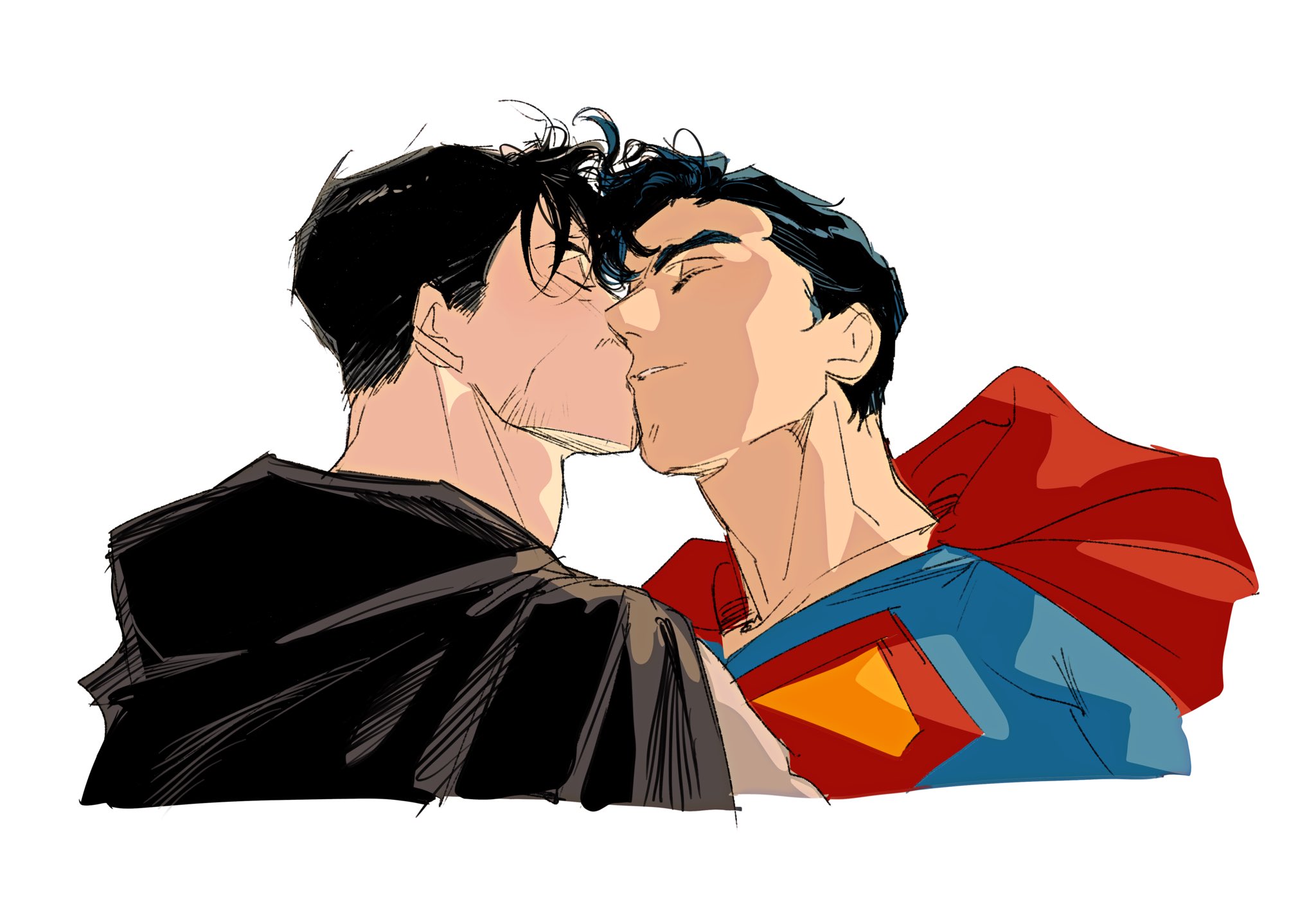 malfunc 1701, batman, superman, batman (series), dc comics, superman (series), commentary, hashtag-only commentary, highres, 2boys, adam's apple, black cape, black hair, cape, closed eyes, cropped torso, kiss, male focus, multiple boys, parted lips, red cape, short hair, simple background, superhero costume, superman logo, white background, yaoi