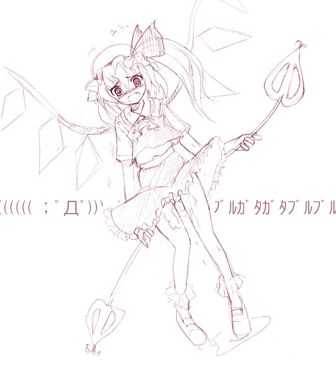 seo tatsuya, flandre scarlet, touhou, 1girl, ascot, blush, bobby socks, fang, female focus, full body, hat, hat ribbon, laevatein, looking at viewer, mob cap, monochrome, open mouth, ribbon, shoes, short sleeves, side ponytail, simple background, skirt, socks, solo, tears, vest, white background, wings