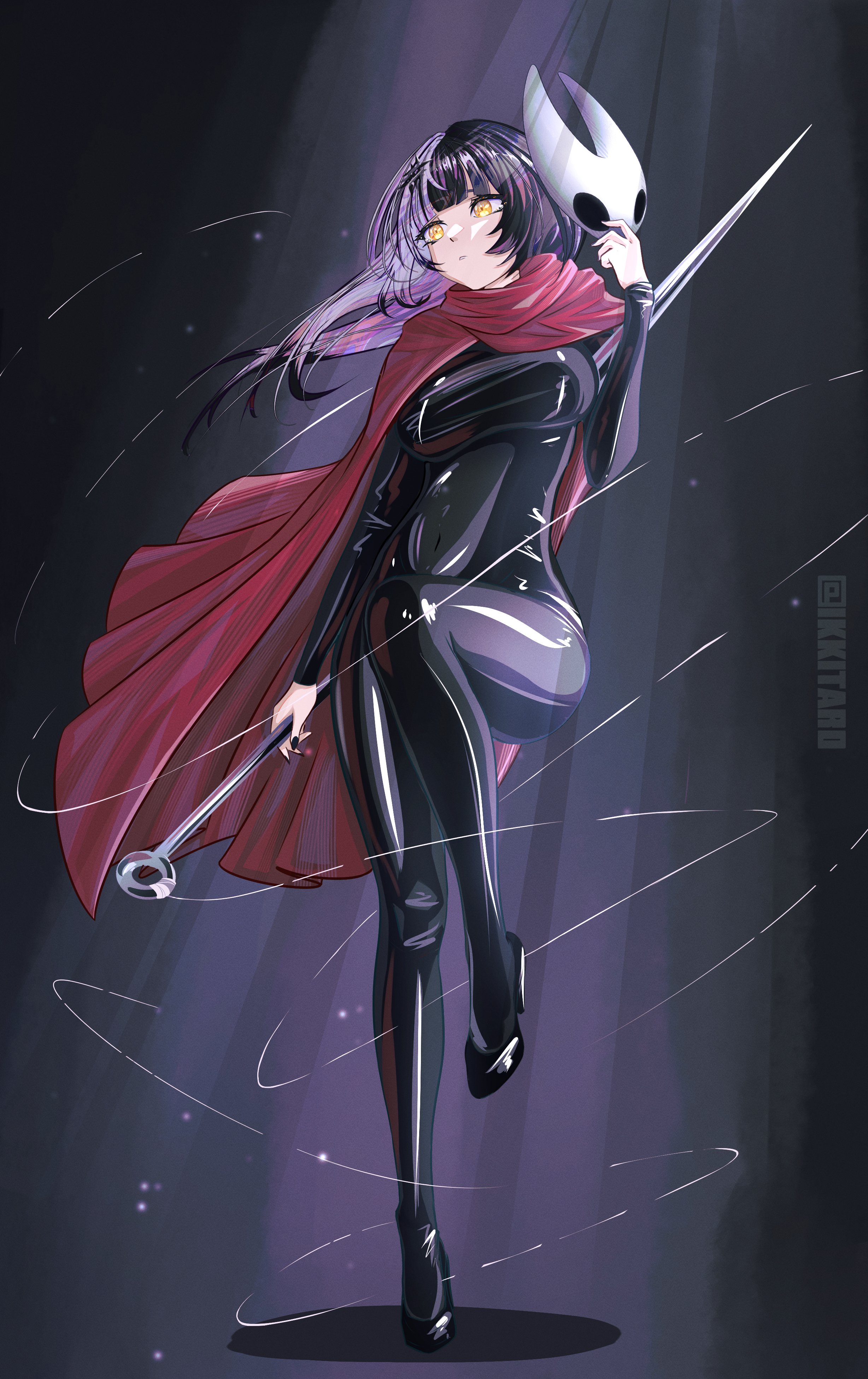 ikkitaro, hornet (hollow knight), shiori novella, hollow knight, hololive, hololive english, absurdres, highres, 1girl, black bodysuit, black hair, bodysuit, breasts, cloak, closed mouth, cosplay, grey hair, holding, holding mask, hornet (hollow knight) (cosplay), large breasts, long hair, mask, multicolored hair, needle (hollow knight), red cloak, solo, split-color hair, standing, standing on one leg, thread, two-tone hair, virtual youtuber, yellow eyes