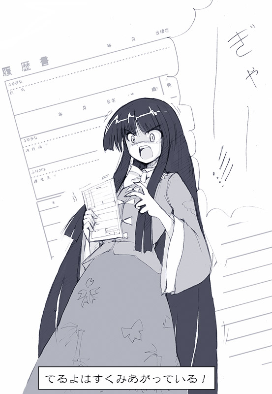 seo tatsuya, houraisan kaguya, touhou, translation request, 1girl, female focus, greyscale, monochrome, skirt, solo, white background
