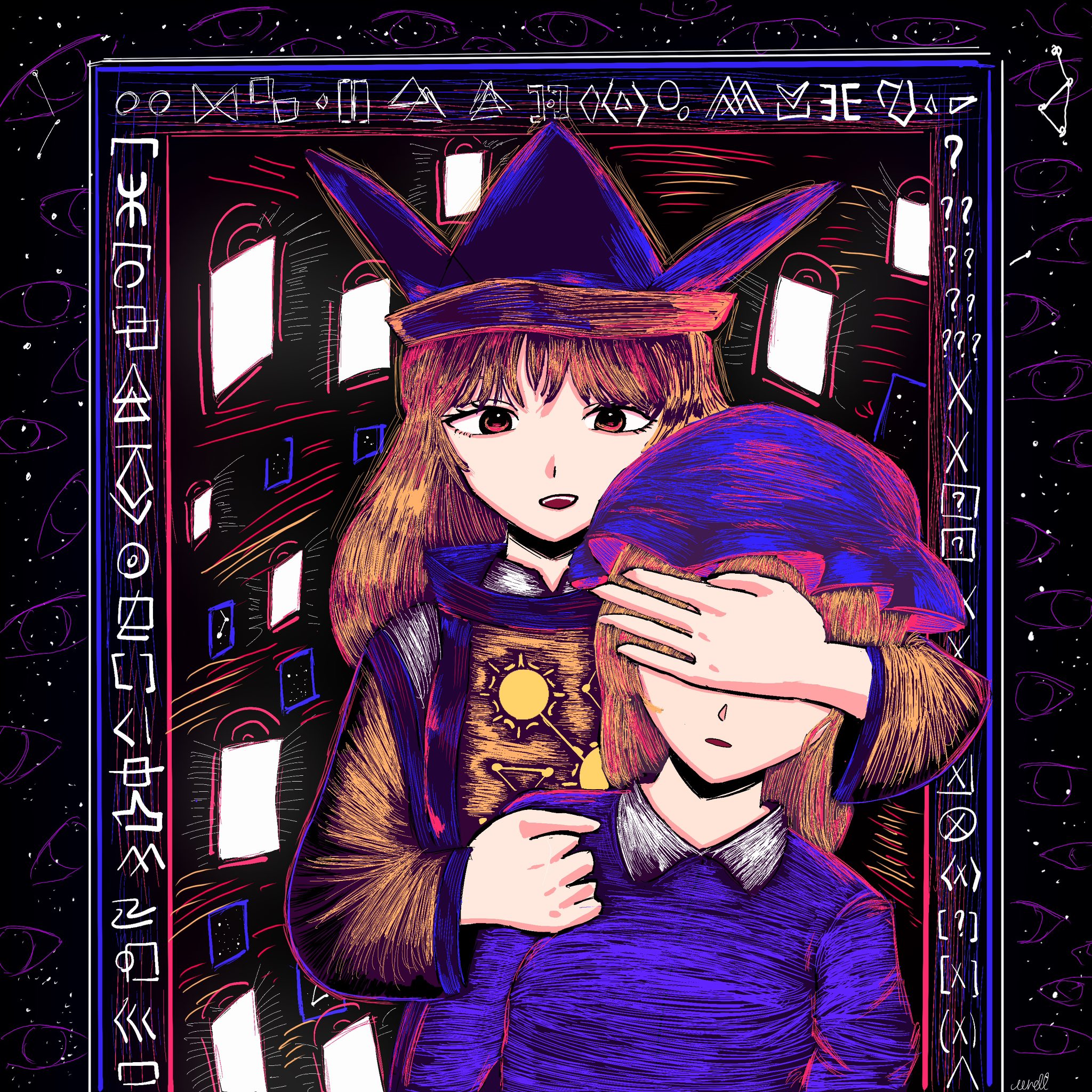 maribel hearn, matara okina, taboo japan disentanglement, touhou, commentary, highres, 2girls, ?, abstract background, artist name, blonde hair, breasts, collar, covered eyes, covering another's eyes, dark background, disembodied eye, door, dress, geometry, hat, long sleeves, math, medium hair, mob cap, multicolored eyes, multiple girls, open mouth, orange tabard, purple dress, short hair, small breasts, star (sky), tabard, white collar, white dress, wrell, x (symbol)