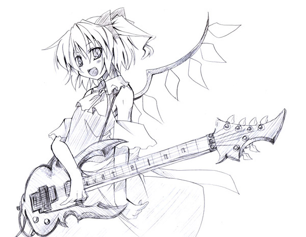 yuuki eishi, flandre scarlet, touhou, 1girl, female focus, greyscale, guitar, hair between eyes, instrument, monochrome, sketch, solo, white background, wings