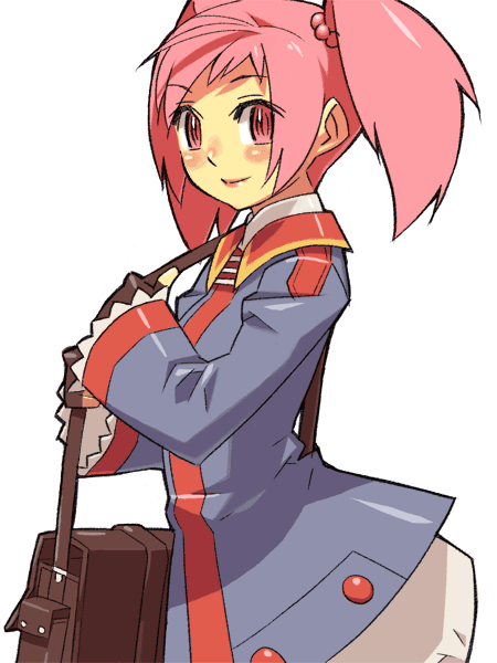 itsumo nokoru, archived source, character request, copyright request, 1girl, anime coloring, arched back, bag, beads, black bag, black gloves, blue jacket, blue sleeves, blush, breasts, buttons, collared coat, contrast collar, cowboy shot, fingerless gloves, gloves, hair beads, hair bobbles, hair ornament, half updo, holding, holding bag, jacket, lace-trimmed sleeves, lace trim, long sleeves, looking at viewer, medium hair, pink eyes, pink hair, shoulder bag, simple background, small breasts, smile, solo, split mouth, twintails, white background