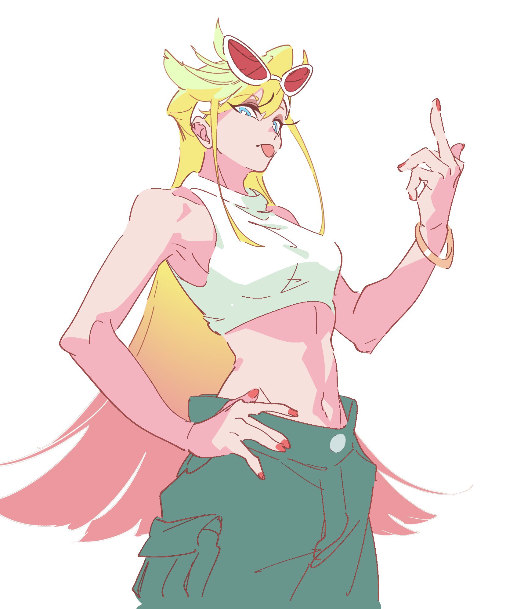 panty (psg), panty & stocking with garterbelt, highres, 1girl, bb zatta, blonde hair, breasts, crop top, long hair, looking at viewer, medium breasts, middle finger, pants, solo, tongue, tongue out