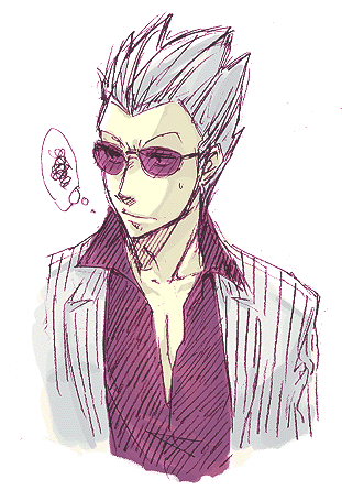 hirayama yukio, akagi, akagi: yami ni oritatta tensai, fukumoto mahjong, silver hair, striped, lowres, 1boy, closed mouth, collarbone, collared shirt, dress shirt, formal clothes, looking at viewer, male focus, pinstripe pattern, pinstripe suit, shirt, simple background, solo, spiked hair, squiggle, suit, sweatdrop, upper body, white background