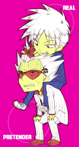 akagi shigeru, hirayama yukio, akagi, akagi: yami ni oritatta tensai, fukumoto mahjong, silver hair, striped, lowres, 2boys, black eyes, carrying, formal clothes, full body, loafers, long sleeves, male focus, multiple boys, piggyback, pink background, pinstripe pattern, pinstripe suit, shoes, simple background, standing, suit, sunglasses, turn pale, yaoi
