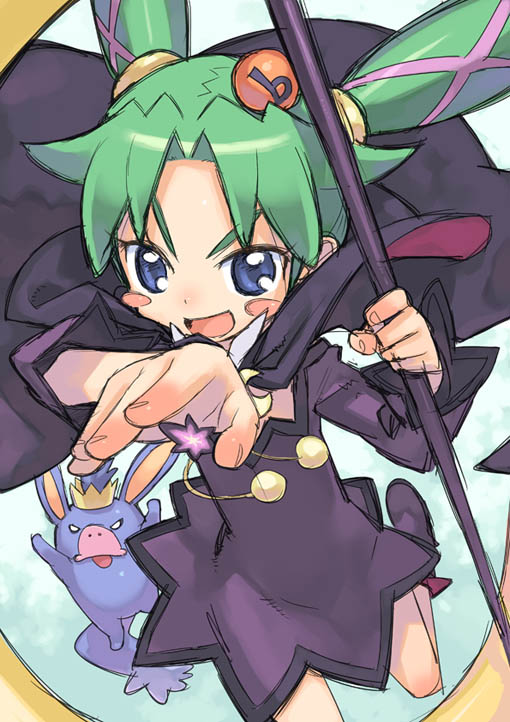 kuroboshi kouhaku, bibin, edo-chin, fushigiboshi no futago hime, fushigiboshi no futago hime gyu, 00s, 1girl, angry, blue eyes, blush stickers, boots, cape, crown, dress, green hair, hair ornament, hair ribbon, leg lift, magical girl, outstretched arm, outstretched hand, reaching, ribbon, sketch, staff, twintails