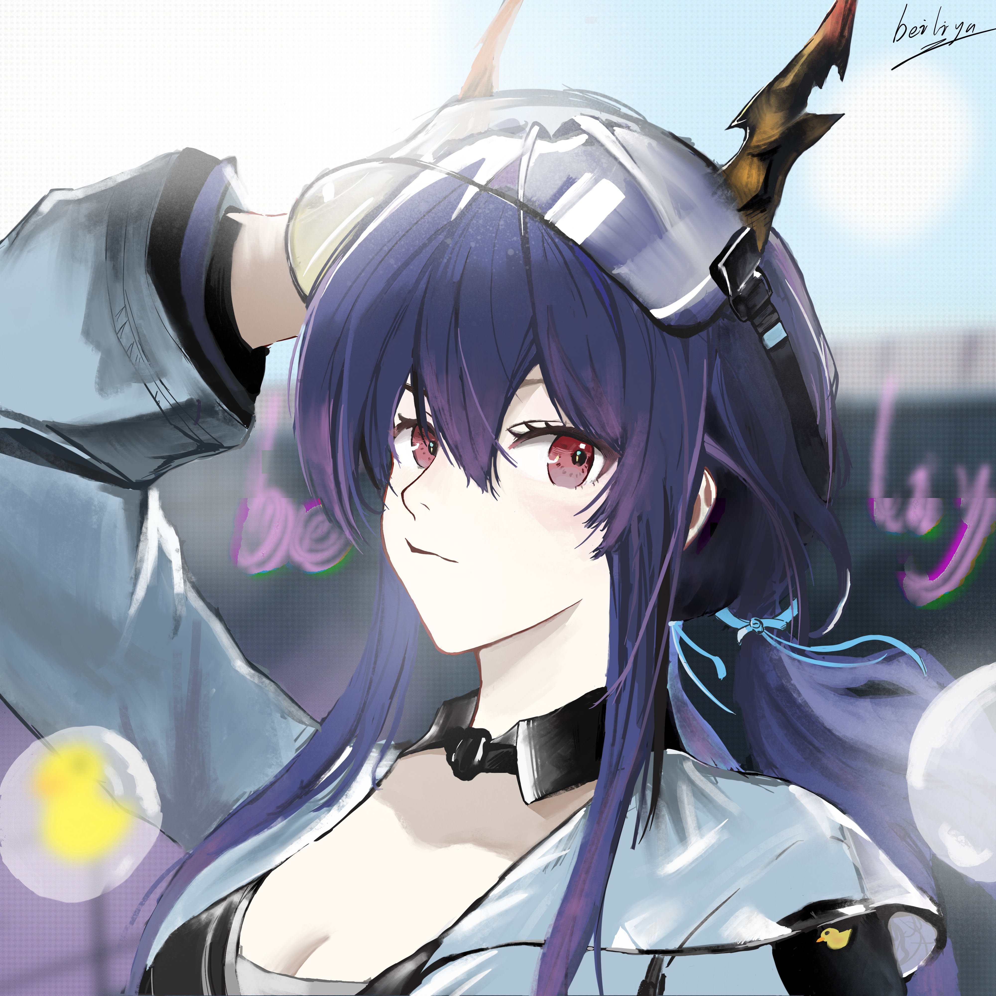 ch'en (arknights), ch'en the holungday (arknights), ch'en the holungday (holiday) (arknights), arknights, absurdres, chinese commentary, commentary request, highres, 1girl, artist name, blue hair, blurry, blurry background, breasts, cleavage, closed mouth, dragon girl, dragon horns, horns, long hair, looking at viewer, official alternate costume, red eyes, rubber duck, sidelocks, signature, solo, upper body, user mdrm2582