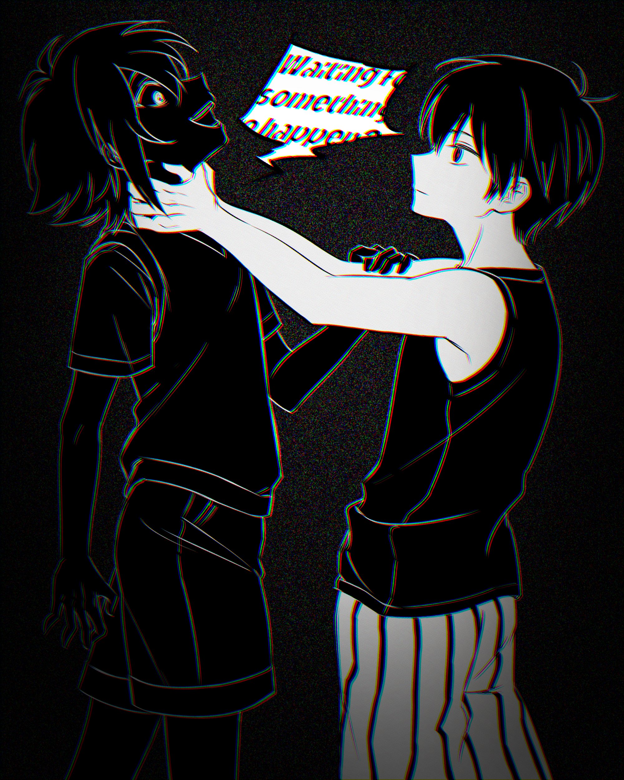 torete (70re7e), omori (omori), stranger (omori), omori, absurdres, highres, 2boys, antenna hair, black eyes, black hair, black shirt, black shorts, black skin, black sweater vest, black tank top, closed mouth, collared shirt, colored skin, english text, expressionless, hand on another's arm, looking at another, male focus, multiple boys, open mouth, shirt, short hair, shorts, smile, speech bubble, strangling, striped clothes, striped shorts, sweater vest, tank top, teeth, upper teeth only, vertical-striped clothes, vertical-striped shorts, white shorts, white skin