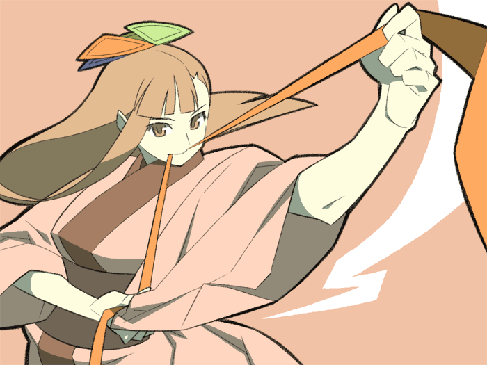 itsumo nokoru, 95-tan, futaba channel, os-tan, archived source, 1girl, anime coloring, asymmetrical bangs, black outline, blue bow, blunt bangs, blunt ends, bow, breasts, brown eyes, brown sash, closed mouth, clothes grab, green bow, hair bow, japanese clothes, kimono, long hair, long sidelocks, long sleeves, looking at viewer, medium breasts, mouth hold, multicolored bow, obi, outline, pink background, pink kimono, pink sleeves, pink theme, red bow, red ribbon, ribbon, sash, sidelocks, simple background, single sidelock, sleeve grab, solo, tasuki, thick outlines, tying, upper body, v-shaped eyebrows, wide sleeves, yellow bow