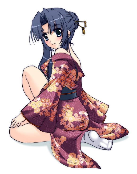 narutaki shin, asakura ryoko, suzumiya haruhi no yuuutsu, 00s, bare shoulders, blue eyes, blue hair, blush, hair bun, japanese clothes, kimono, long hair, single hair bun, socks, tabi, yukata