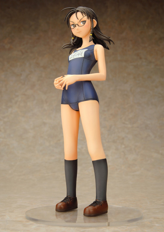 ogiue chika, genshiken, photo (medium), 00s, 1girl, female focus, figure, figure (medium), glasses, name tag, one-piece swimsuit, school swimsuit, solo, swimsuit