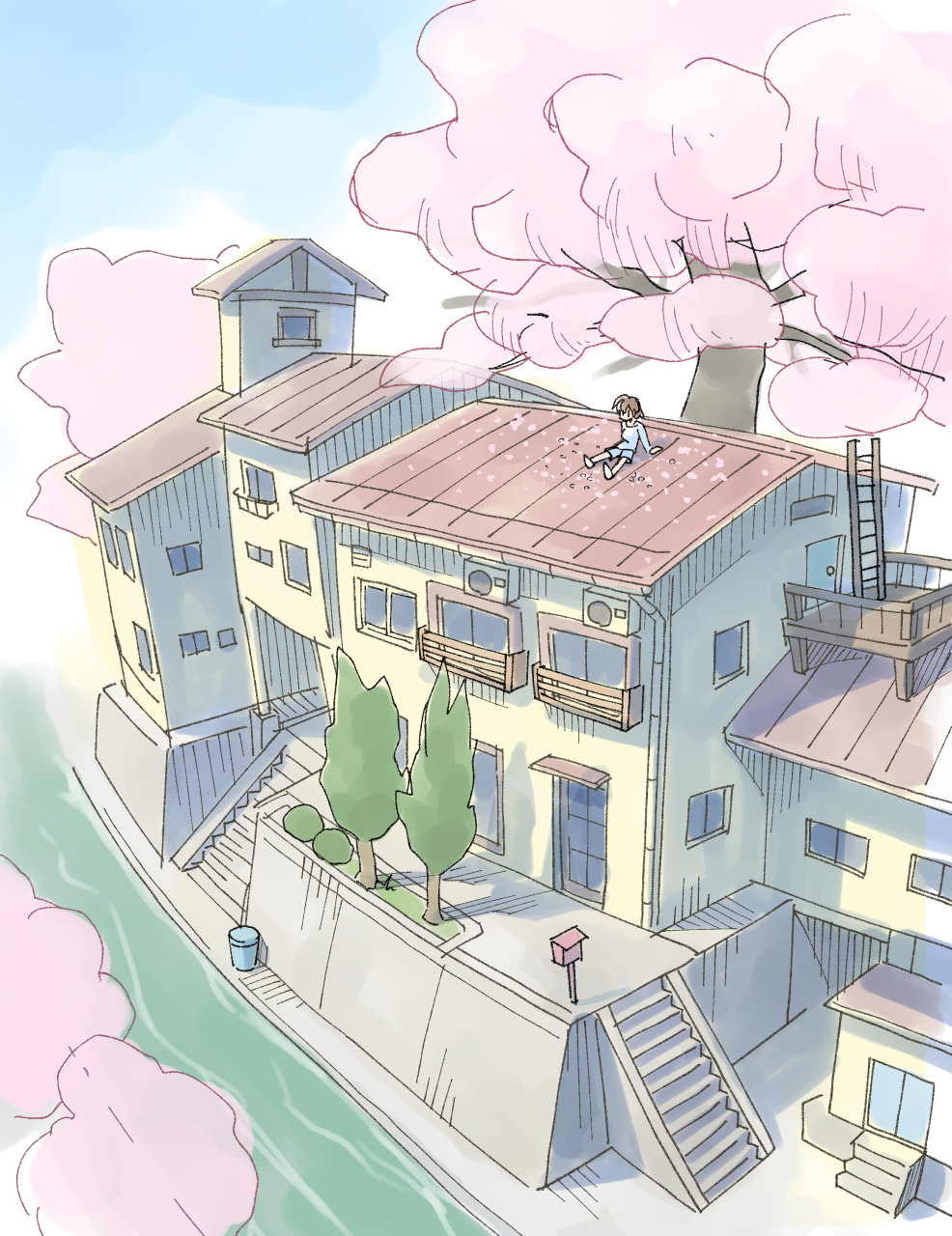 masuki, original, highres, 1girl, blue shorts, brown hair, building, canal, cherry blossoms, condenser unit, door, ladder, on roof, outdoors, petals, pink petals, scenery, shirt, shizi maron, shorts, sitting, solo, stairs, tree, white shirt, window
