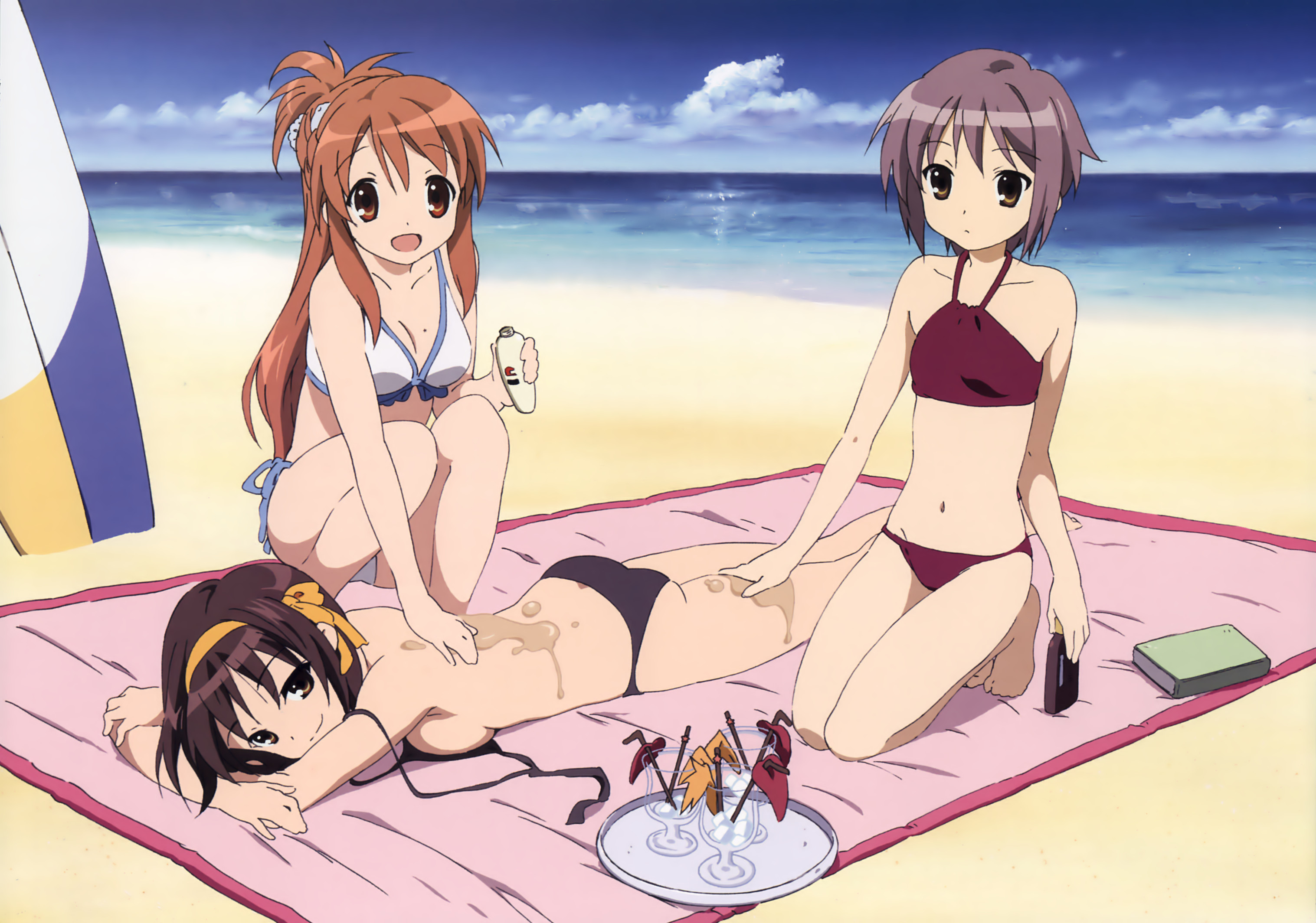 asahina mikuru, nagato yuki, suzumiya haruhi, suzumiya haruhi no yuuutsu, untied, highres, official art, scan, 00s, 3girls, ass, bare shoulders, beach, bikini, book, breasts, brown hair, cleavage, day, drink, lotion, lotion bottle, medium breasts, midriff, multiple girls, outdoors, short hair, sideboob, small breasts, surfboard, swimsuit, tray