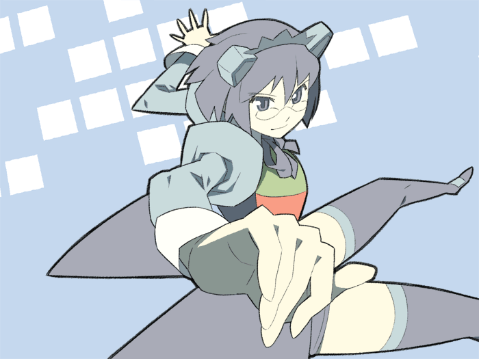 itsumo nokoru, 2k-tan, futaba channel, os-tan, archived source, 1girl, anime coloring, aqua background, aqua coat, aqua headdress, aqua sleeves, aqua theme, blue boots, blue eyes, blue hair, blue pupils, blue ribbon, boots, closed mouth, coat, coattails, collared coat, foreshortening, glasses, juliet sleeves, legs apart, long sleeves, looking at viewer, maid headdress, midair, multicolored one-piece swimsuit, open clothes, open coat, puffy sleeves, ribbon, rimless eyewear, round eyewear, short hair, simple background, smile, solo, thigh boots, v-shaped eyebrows, white sleeve cuffs, wing collar