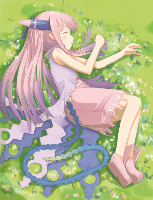motofumi, milreaf, summon night, summon night 4, 1girl, closed eyes, clothing cutout, dragon girl, dragon horns, dragon tail, female focus, gradient hair, horns, multicolored hair, pink hair, pointy ears, purple hair, sleeping, solo, tail, tail through clothes