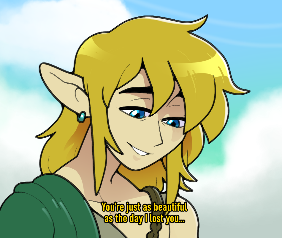 discount-supervillain, link, nintendo, the legend of zelda, the legend of zelda: tears of the kingdom, 1boy, blonde hair, blue eyes, earrings, jewelry, long hair, male focus, pointy ears, sidelocks, smile, solo