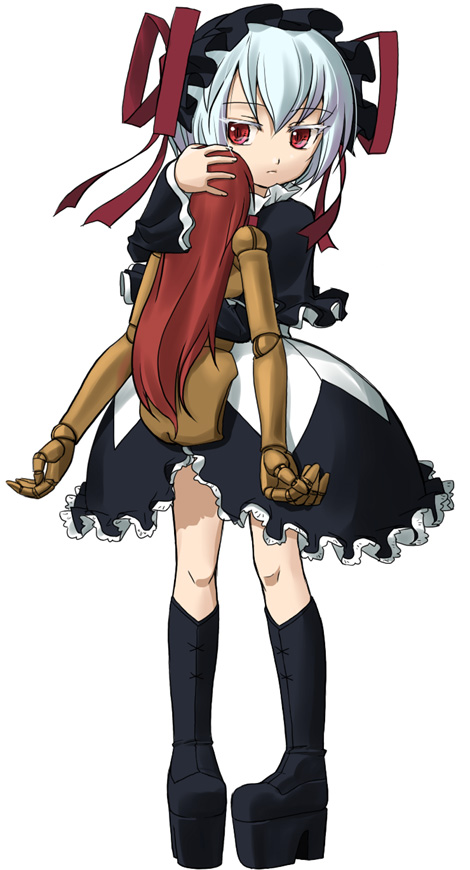 shimamura miwa, elfriede (arcana heart), lieselotte achenbach, aq interactive, arcana heart, atlus, examu, 1girl, albino, boots, gothic lolita, knee boots, lolita fashion, puppet, red eyes, ribbon, white hair