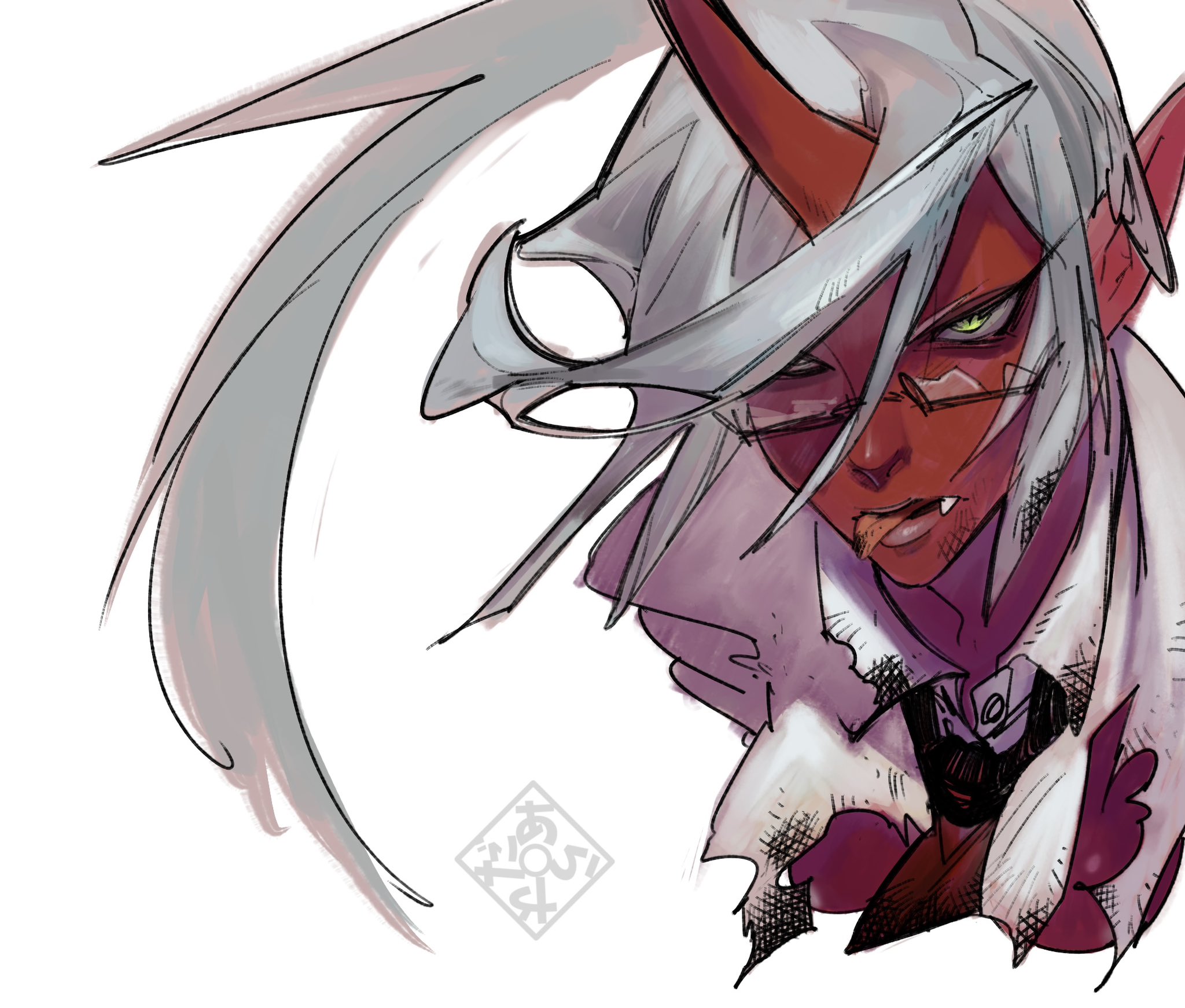 kneesocks (psg), panty & stocking with garterbelt, highres, 1girl, arayadaxxx, collared shirt, demon girl, demon horns, green eyes, horns, long hair, looking at viewer, shirt, solo, tongue, tongue out, white shirt
