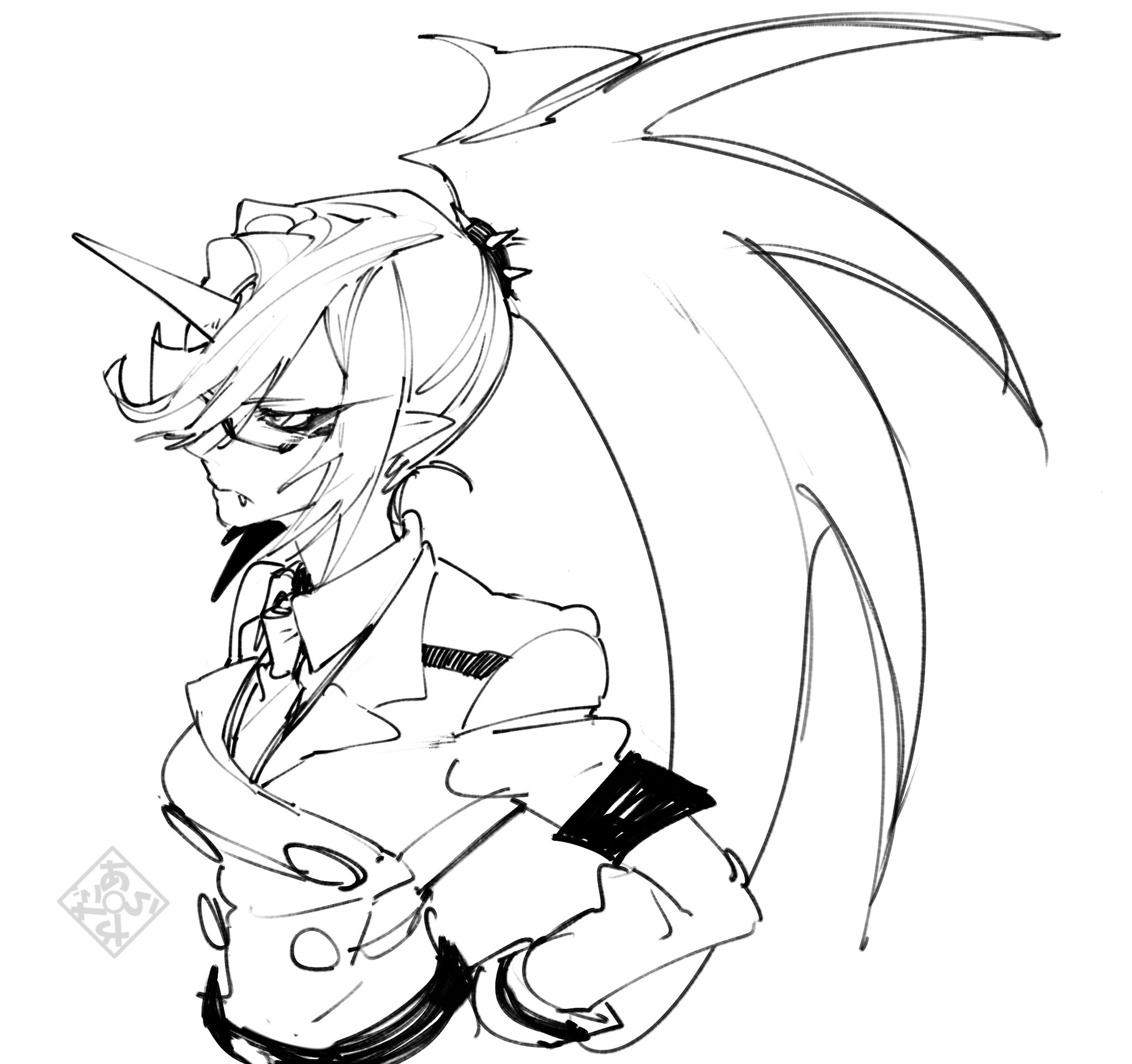 kneesocks (psg), panty & stocking with garterbelt, highres, 1girl, arayadaxxx, collared shirt, demon girl, demon horns, glasses, horns, long hair, ponytail, shirt, solo, white shirt