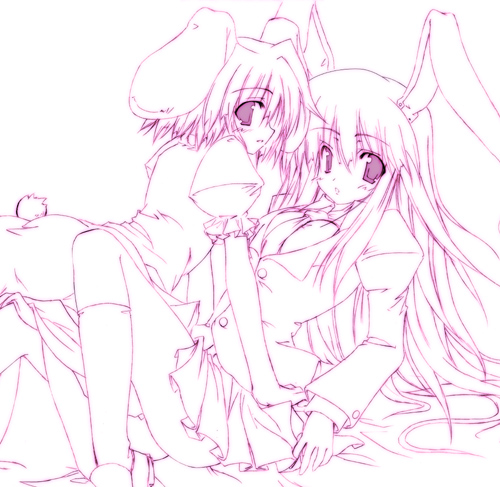 sen (astronomy), inaba tewi, reisen udongein inaba, touhou, lowres, 2girls, age difference, animal ears, female focus, loli, monochrome, multiple girls, onee-loli, purple theme, rabbit ears, yuri