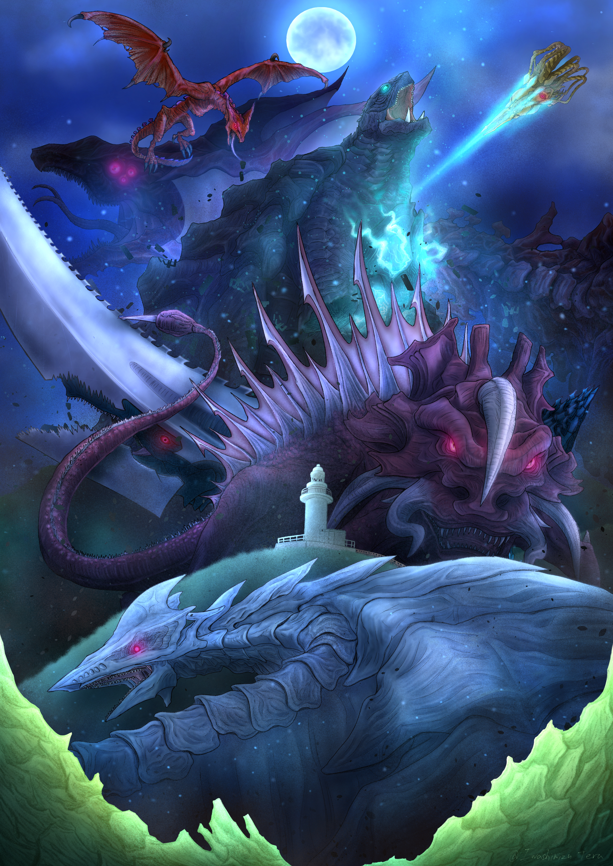 raiodexiasu, gamera, guiron, gyaos, jiger, s-gyaos, viras, zigra, engi (animation studio), gamera (series), gamera -rebirth-, kadokawa, absurdres, highres, claws, cloud, crest, emaciated, energy, energy beam, extra eyes, fins, flying, forked tongue, full moon, giant, giant monster, glowing, glowing eyes, grass, green eyes, hill, horns, kaiju, lighthouse, long tongue, looking at viewer, monster, moon, night, no humans, pink eyes, plant, plasma, plasma beam, roaring, sea monster, sharp teeth, sky, star (sky), starry sky, stinger, sword, tail, talons, teeth, tentacles, tongue, tongue out, torn wings, turtle, turtle shell, turtleneck, tusks, very long tongue, weapon, wings