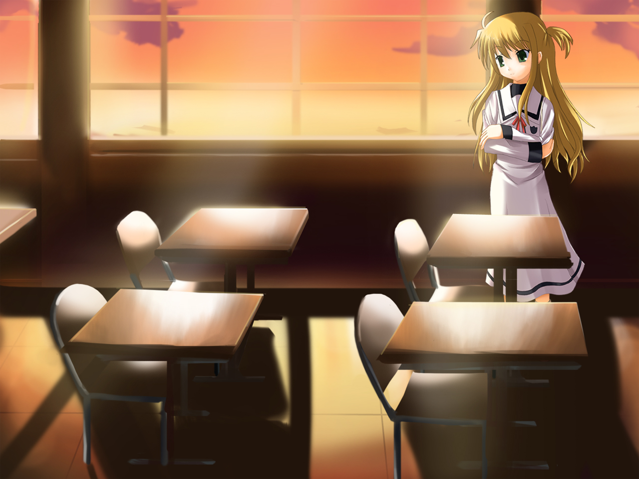 odaya, odayan, arisa bunnings, lyrical nanoha, mahou shoujo lyrical nanoha, 00s, 1girl, backlighting, brown eyes, chair, classroom, crossed arms, desk, dress, evening, female focus, full body, indoors, long hair, long sleeves, looking at viewer, looking to the side, school, school desk, school uniform, solo, standing, sunlight, table, white dress, window