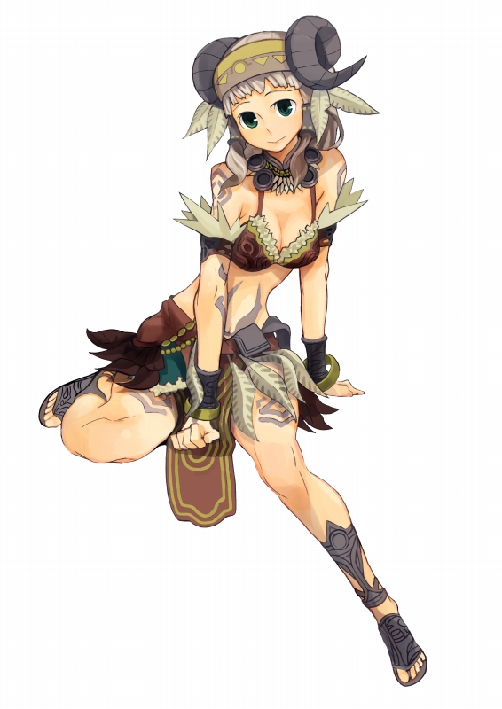 forgotten artist, ryman, fantasy earth, 1girl, armor, breasts, cleavage, female focus, green eyes, horns, jewelry, medium breasts, plant, sandals, shaman, sitting, solo, tattoo, wizard