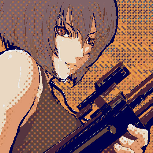 kusanagi motoko, ghost in the shell, lowres, 1girl, bare shoulders, black hair, brown eyes, closed mouth, female focus, gun, lips, rifle, short hair, sleeveless, smile, sniper rifle, solo, sweatdrop, tank top, underwear, upper body, weapon