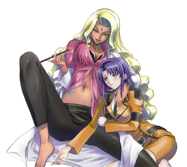 morisu, cecile croomy, rakshata chawla, code geass, 00s, 2girls, blonde hair, blue eyes, blue hair, blush, bra, breasts, cleavage, dark-skinned female, dark skin, green eyes, holding, holding smoking pipe, kiseru, lab coat, large breasts, lingerie, long hair, multiple girls, short hair, smoking pipe, underwear, yuri