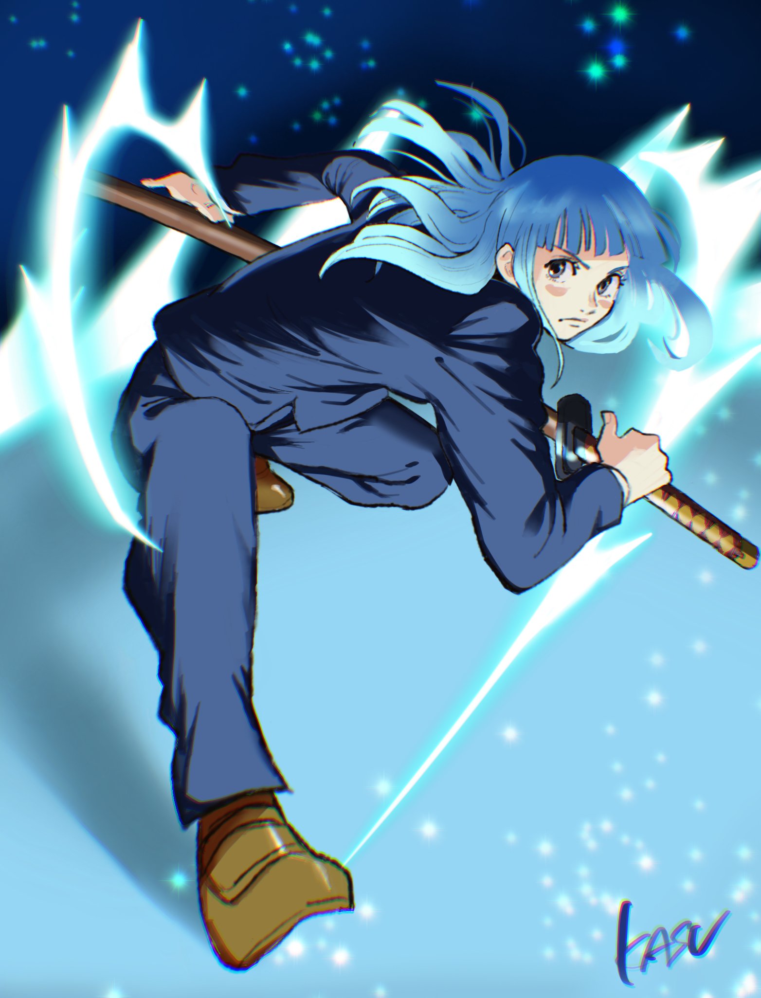 kasuga akira, miwa kasumi, jujutsu kaisen, highres, 1girl, aqua hair, aura, bent over, black pants, black suit, blazer, blue background, blue hair, brown shoes, cursed energy (jujutsu kaisen), formal clothes, gradient background, grey pupils, hand on sheath, holding, holding weapon, incoming attack, jacket, katana, light particles, long hair, looking at viewer, pants, sheath, sheathed, shoes, signature, sparkle, suit, sword, weapon
