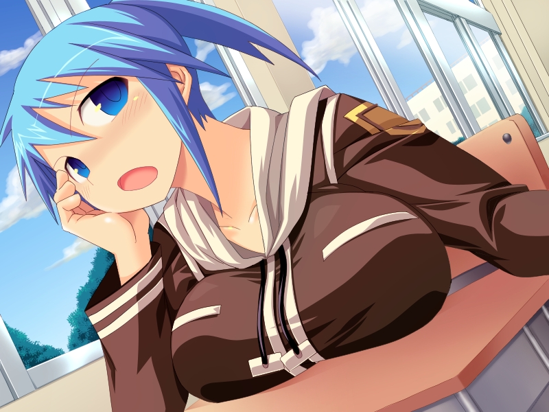 fbc, akikawa yuuko (totsugeki loveheart), totsugeki loveheart, non-web source, 1girl, arm support, blue eyes, blue hair, blush, breast press, breast rest, breasts, breasts on table, classroom, cloud, day, desk, dutch angle, female focus, head rest, hood, hoodie, huge breasts, indoors, matching hair/eyes, open mouth, ponytail, school, school uniform, serafuku, sitting, sky, solo, window