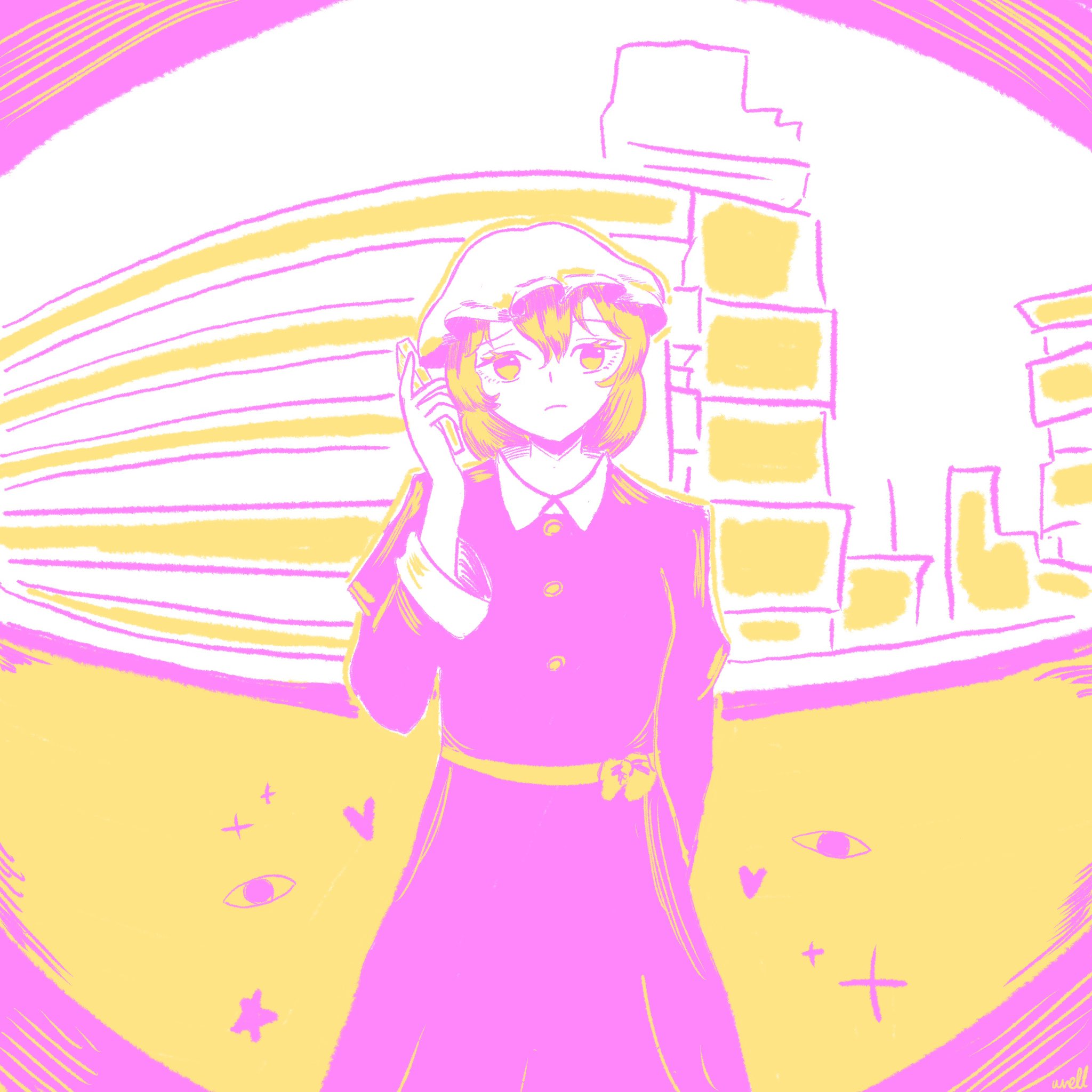 maribel hearn, touhou, highres, 1girl, arm behind back, artist name, blonde hair, calling, city, closed mouth, disembodied eye, dress, fisheye, hair between eyes, hat, heart, holding, holding phone, long dress, long sleeves, mob cap, phone, purple dress, purple eyes, sad, sash, short hair, solo, star (symbol), three-toned background, two-tone background, white hat, wrell, yellow eyes