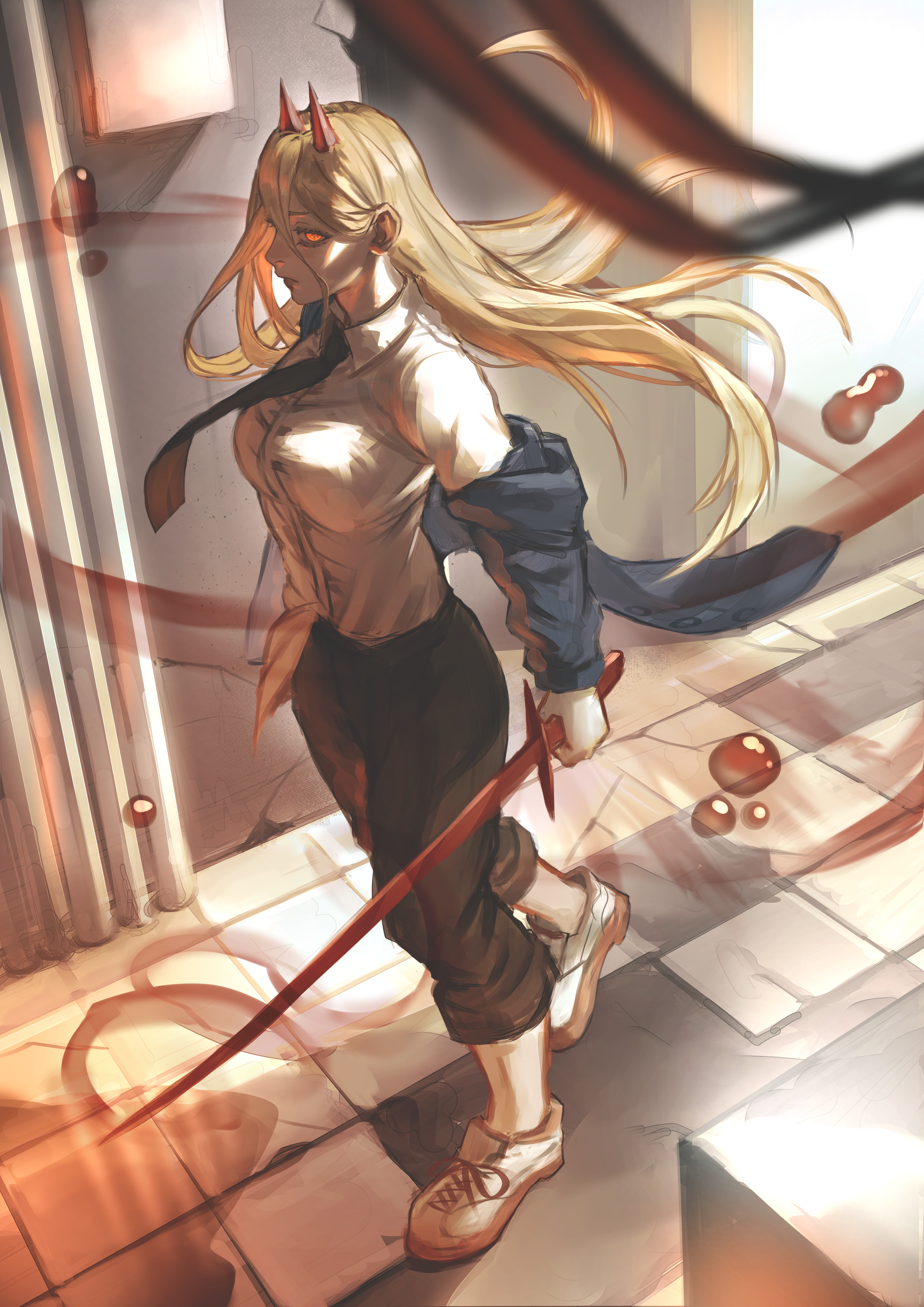 bonjindaaa, power (chainsaw man), chainsaw man, absurdres, highres, 1girl, black necktie, black pants, blonde hair, blood, breasts, collared shirt, cross-shaped pupils, demon girl, demon horns, hair between eyes, hemokinesis, horns, jacket, long hair, necktie, pants, pants rolled up, red horns, ringed eyes, shirt, shirt partially tucked in, solo, symbol-shaped pupils, white shirt