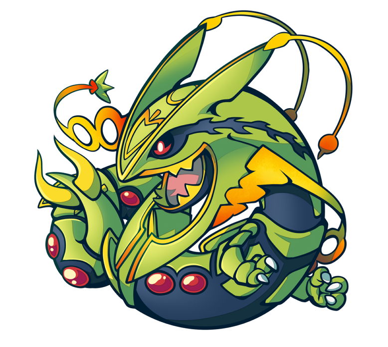 malky (malkshake), mega rayquaza, rayquaza, nintendo, pokemon, commentary request, chibi, claws, full body, gen 3 pokemon, legendary pokemon, mega pokemon, no humans, open mouth, pokemon (creature), red eyes, sharp teeth, simple background, solo, teeth